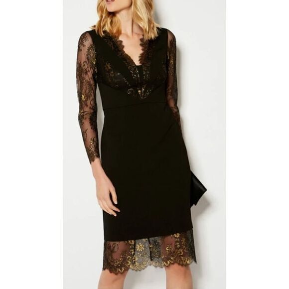 Karen Millen Black and Gold Lace Panel Dress
